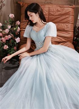 Picture of Light Blue Short Sleeves Beaded Tulle Long Party Dresses, A-line Blue Formal Dress